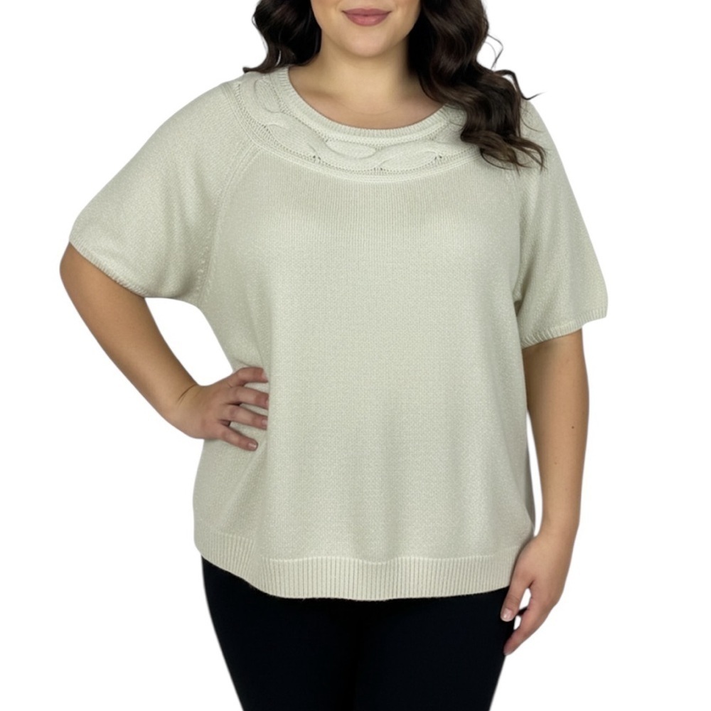Lands' End Lambswool Short Sleeve Metallic Ribbed Knit Sweater 3X Cream NWOT